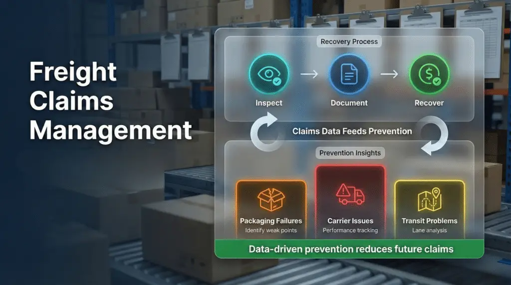 Freight claims management flowchart showing recovery process, inspect, document, recover steps for shippers