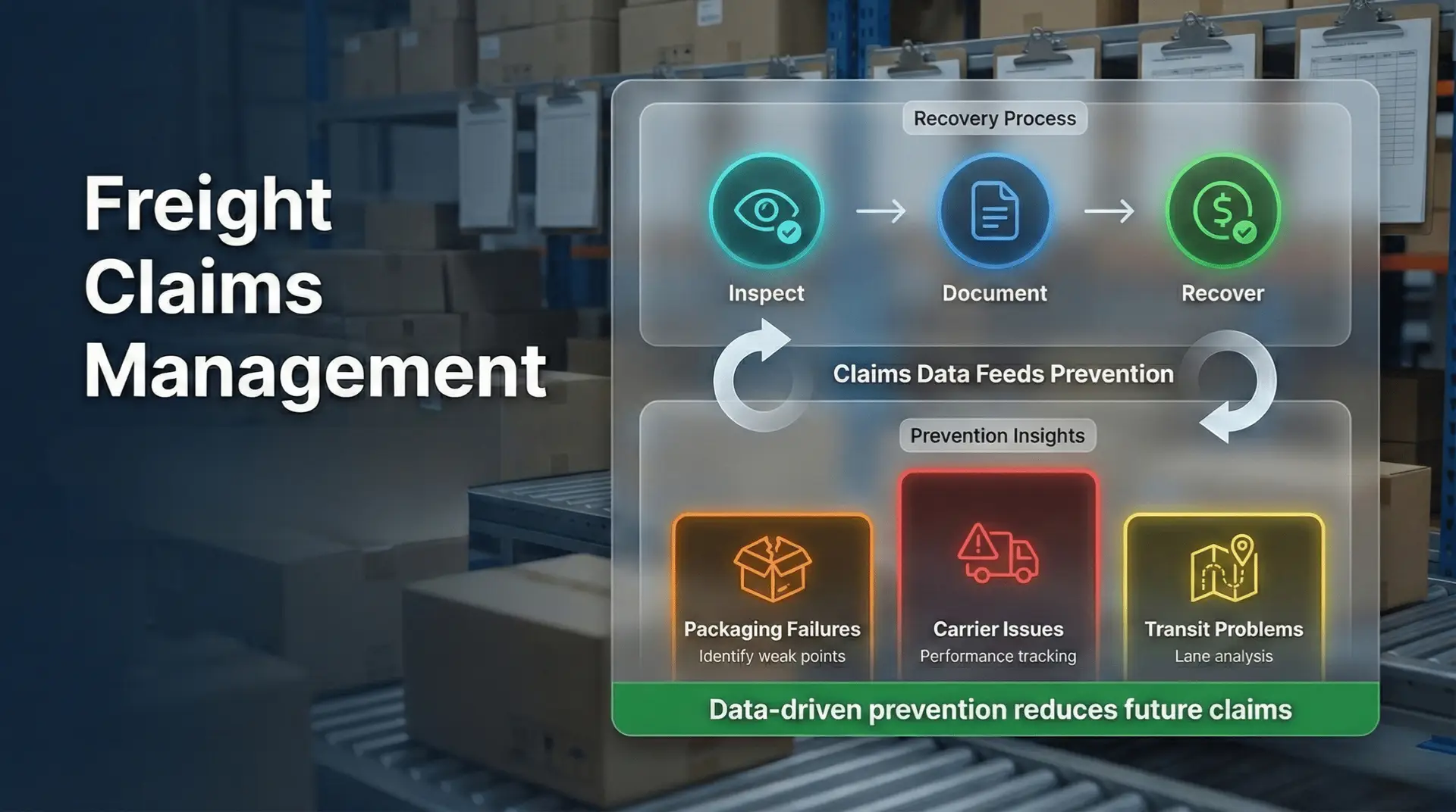 Freight claims management flowchart showing recovery process, inspect, document, recover steps for shippers