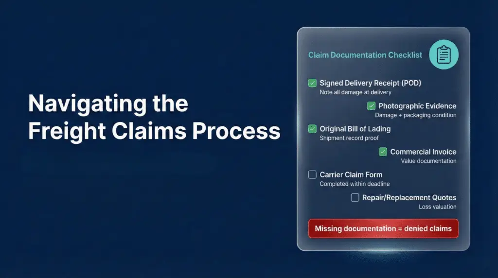 Freight claims documentation checklist with POD, bill of lading, commercial invoice, carrier claim form items