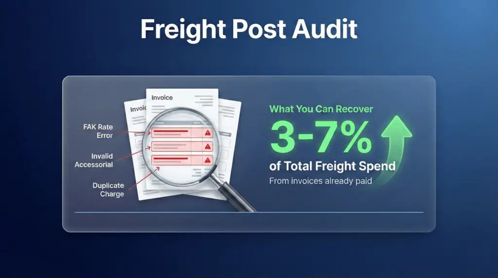 Freight post audit infographic showing 3 to 7 percent cost recovery from billing errors and duplicate charges