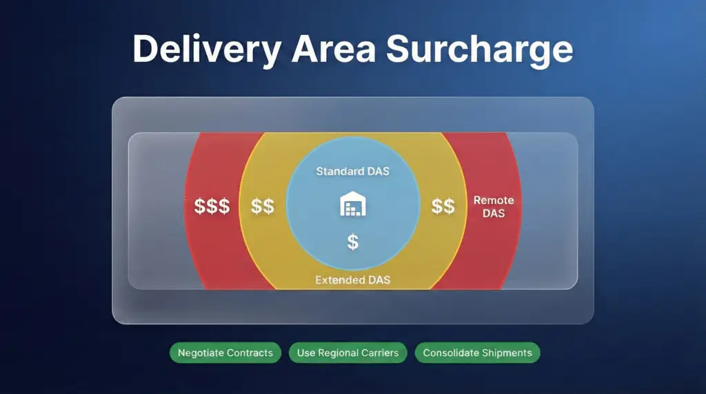 Delivery area surcharge diagram showing standard, extended, remote DAS zones with cost tiers and strategies