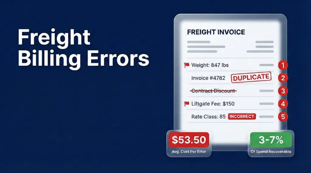 Freight billing errors infographic showing common invoice mistakes, $53.50 avg cost, 3 to 7 percent recoverable