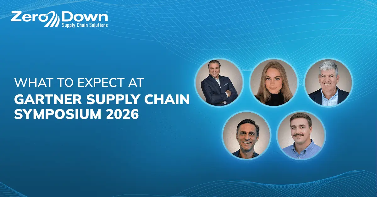 Zero Down Supply Chain Solutions promotional graphic for Gartner Supply Chain Symposium 2026, featuring headshots of five team members attending the event against a blue branded background.