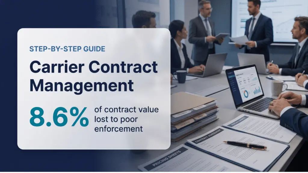 Carrier Contract Management step-by-step guide: 8.6% of contract value lost to poor enforcement, over a photo of a team reviewing contract documents