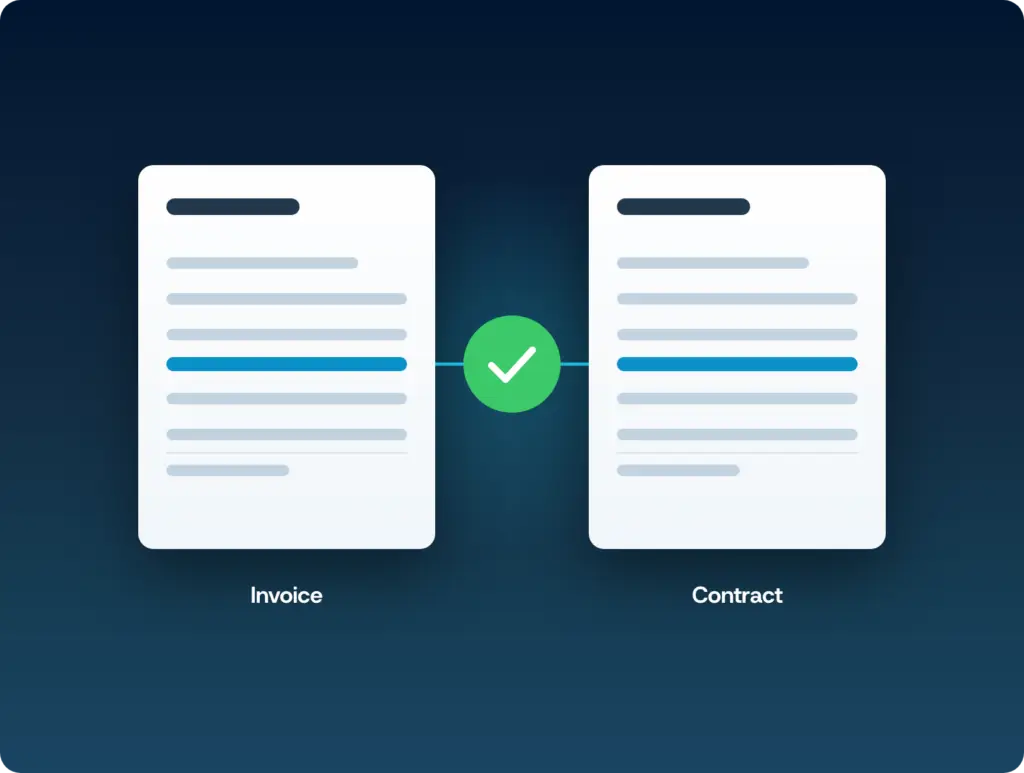 A carrier invoice beside the contract it is checked against, with the matching line joined and approved