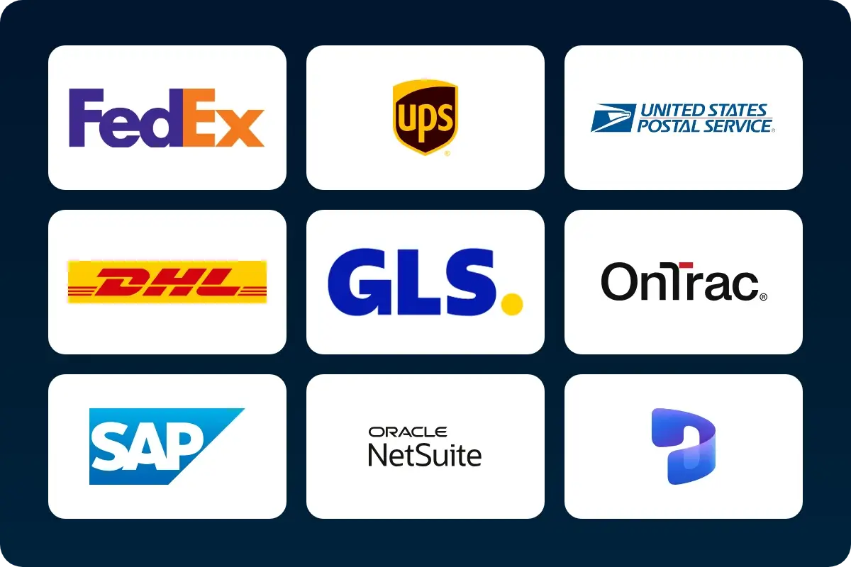 Carriers and systems FreightOptics connects to: FedEx, UPS, USPS, DHL, GLS, OnTrac, SAP, Oracle NetSuite and Microsoft Dynamics 365
