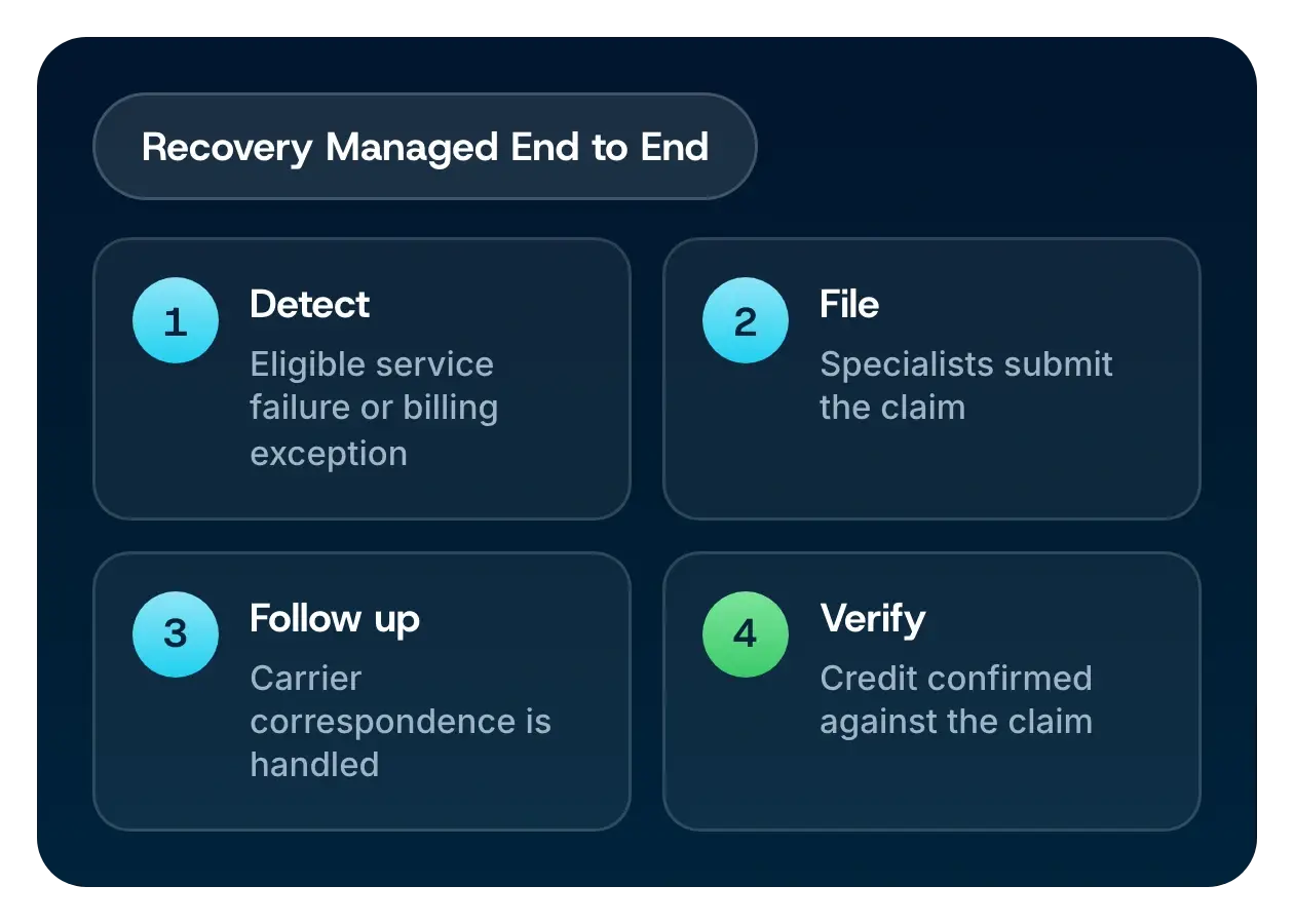 The platform detects the exception and verifies the credit; FreightOptics specialists file the claim and handle carrier correspondence
