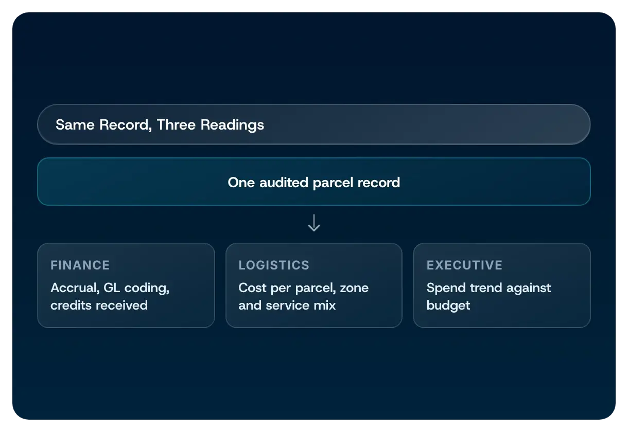 One audited parcel record read three ways: finance, logistics and executive