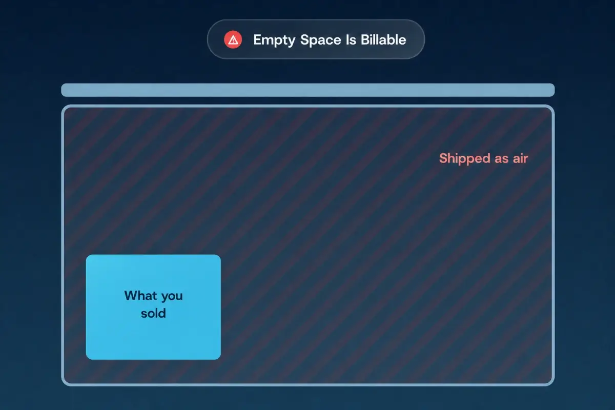 A cross-section of an oversized shipping box with a small product inside and the surrounding void space shaded, showing how much of the box is shipped as air