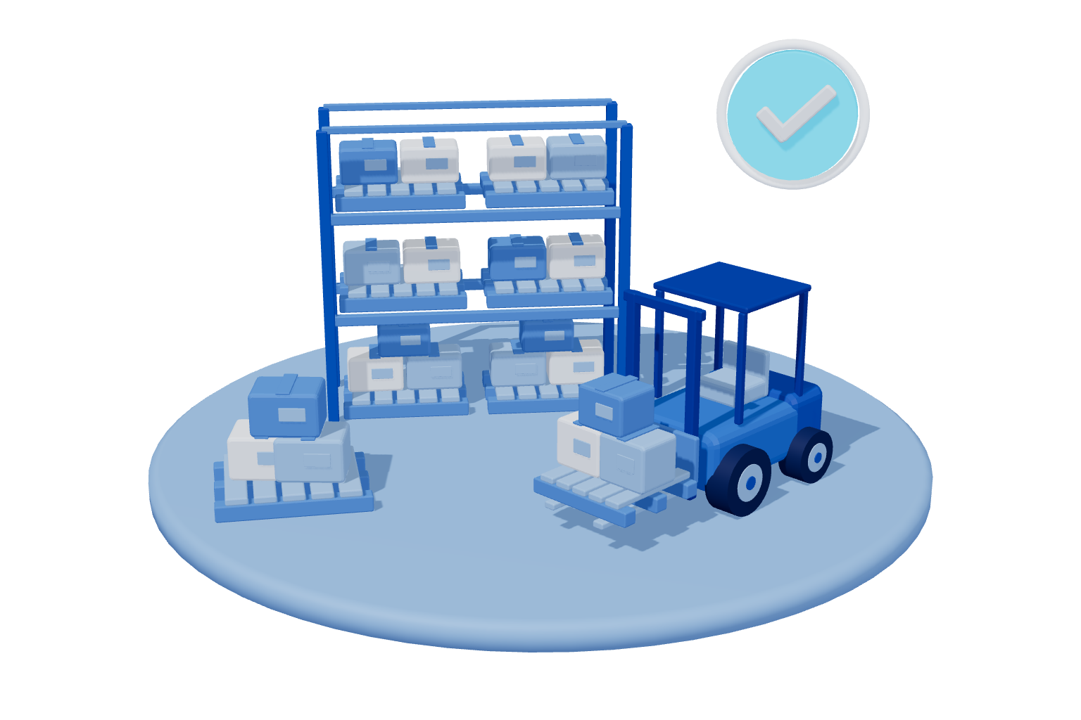 3D blue illustration of a 3PL warehouse with pallet racking, a forklift and cartons