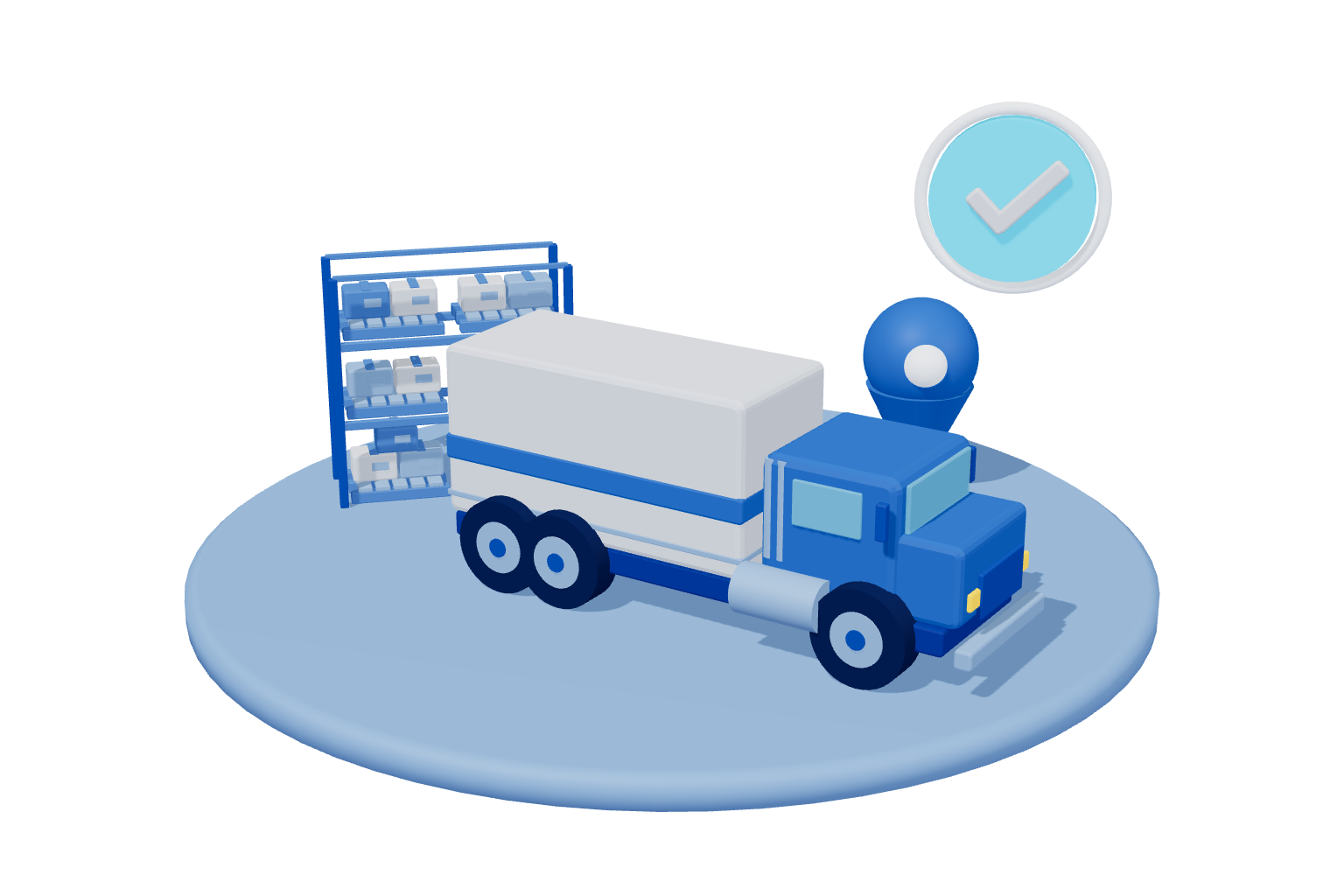 3D blue illustration of a delivery truck, pallet rack and location pin for a 3PL provider