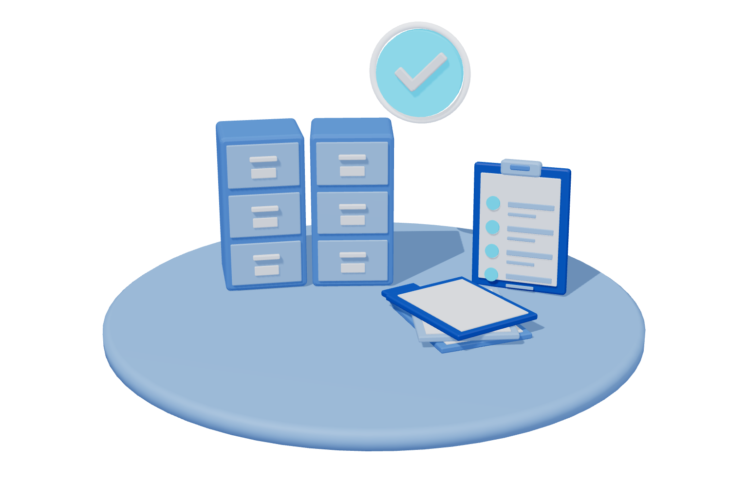 3D blue illustration of filing cabinets, folders and an audit checklist clipboard