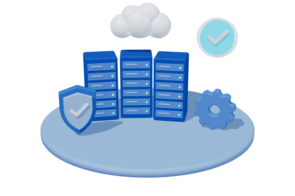 3D blue illustration of cloud and server racks with a gear and shield for an AWS audit