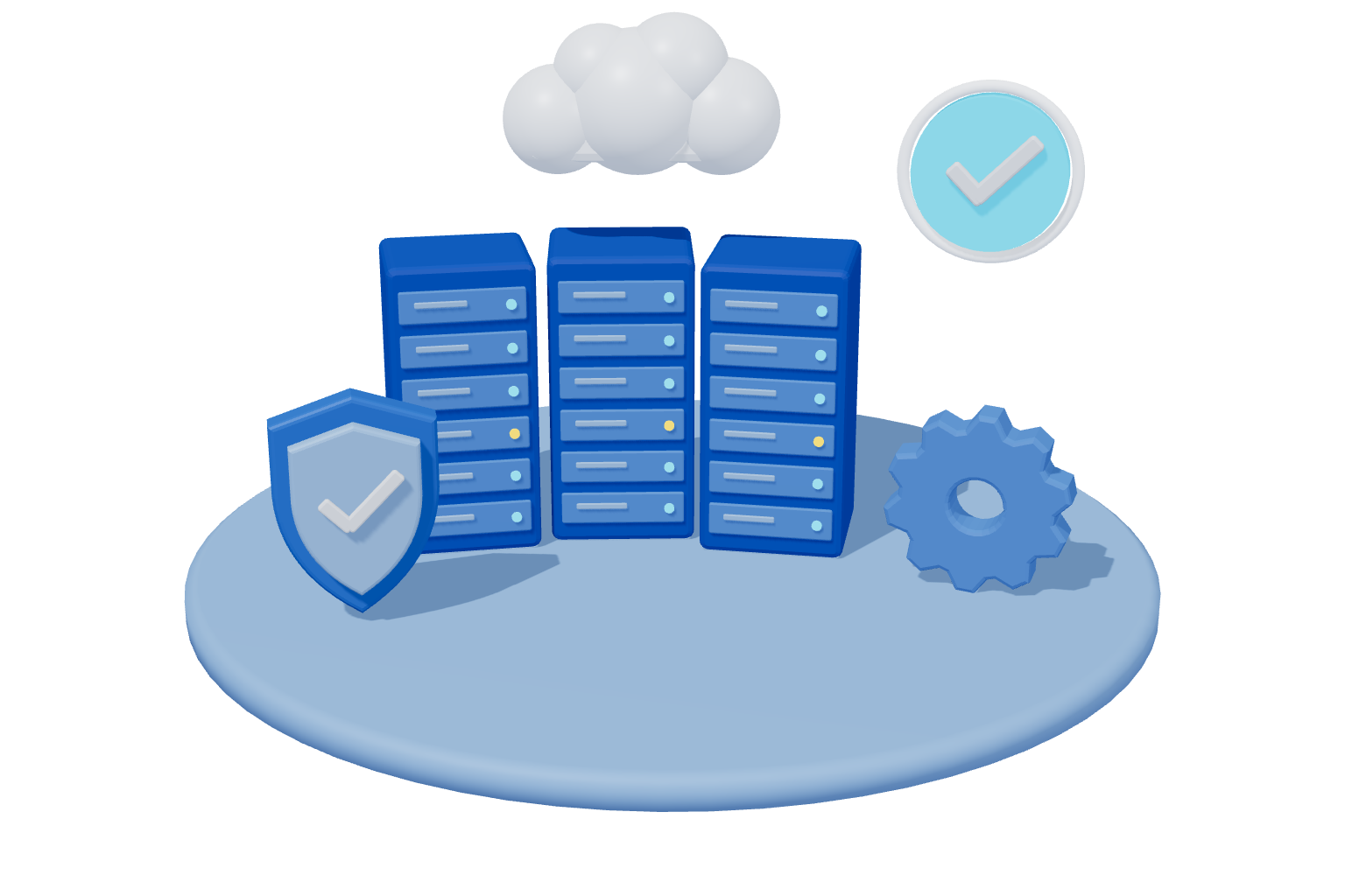 3D blue illustration of cloud and server racks with a gear and shield for an AWS audit