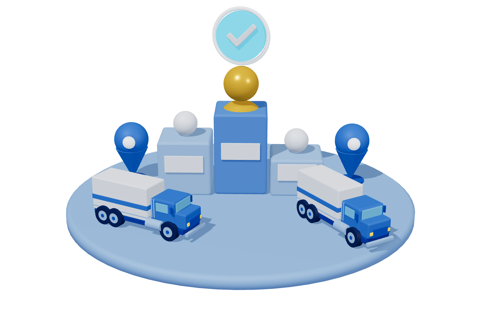 3D blue illustration of a ranking podium with trucks and location pins for top 3PL companies