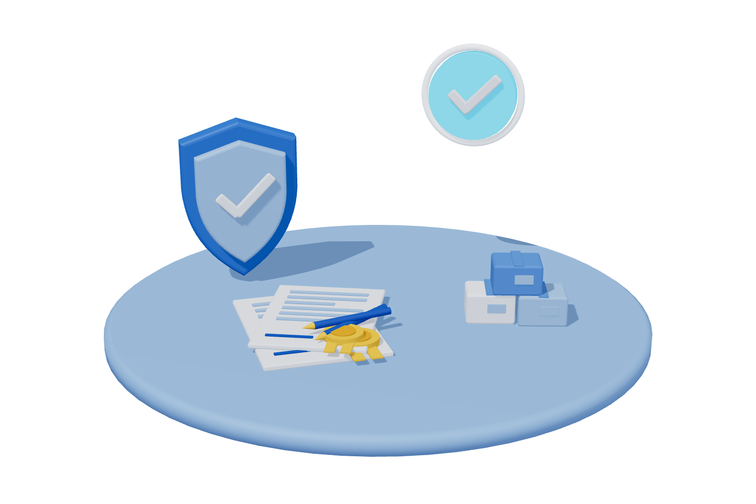 3D blue illustration of contracts, a shield and stacked cartons for a purchasing system audit