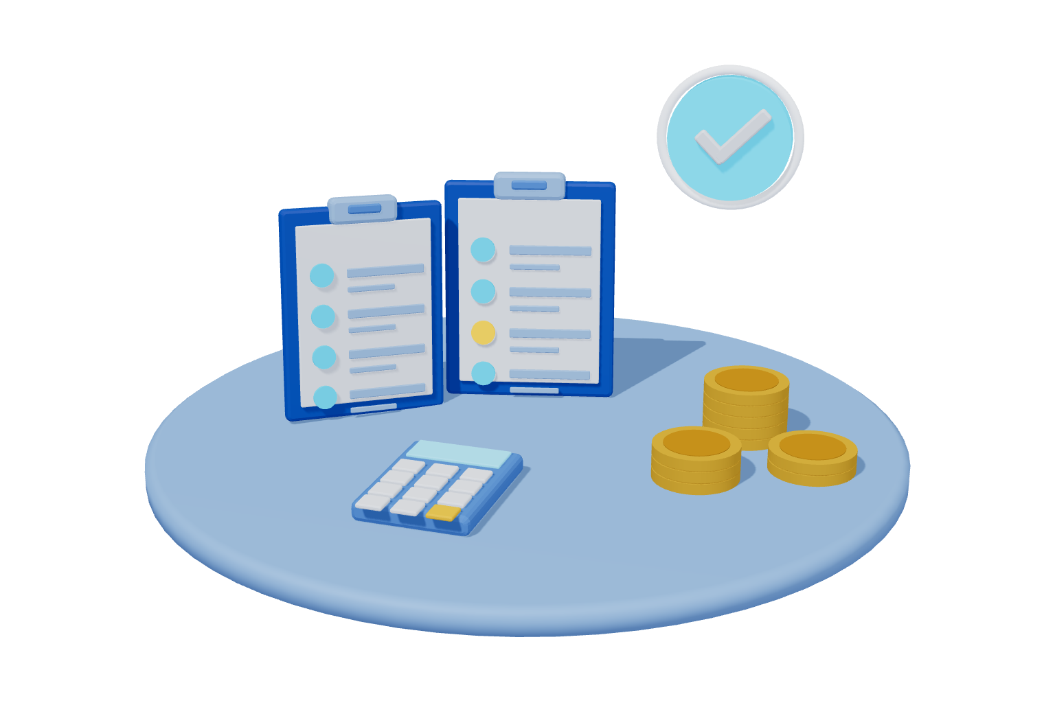 3D blue illustration of invoice clipboards, a calculator and coins for invoice reconciliation