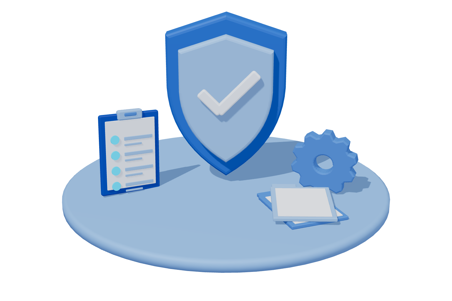 3D blue illustration of a large compliance shield with a checklist and gear