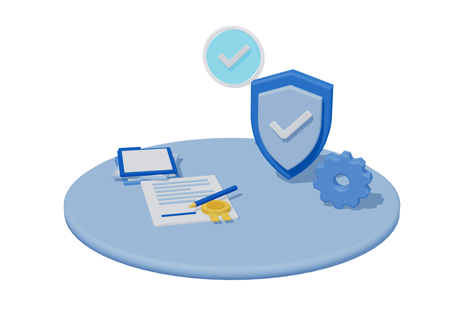 3D blue illustration of a contract with seal, a shield and gear representing auditor independence